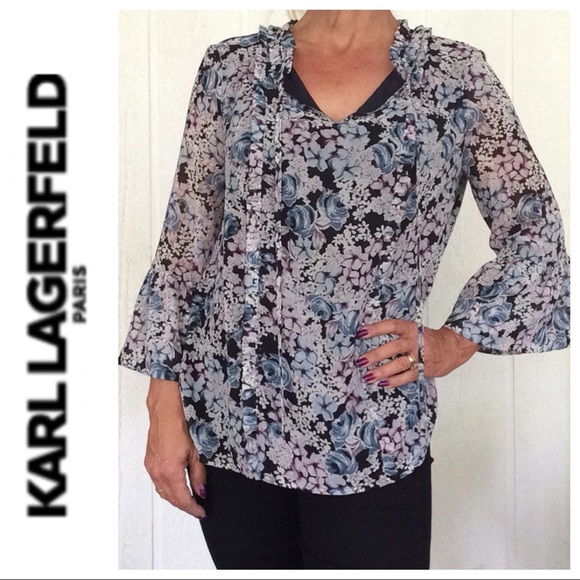 KARL LAGERFELD FLORAL TIE NECKLINE BLOUSE LARGE NWOT - Picture 2 of 8